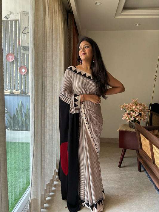 Red Bindi Black Reyon Ajrakh Saree