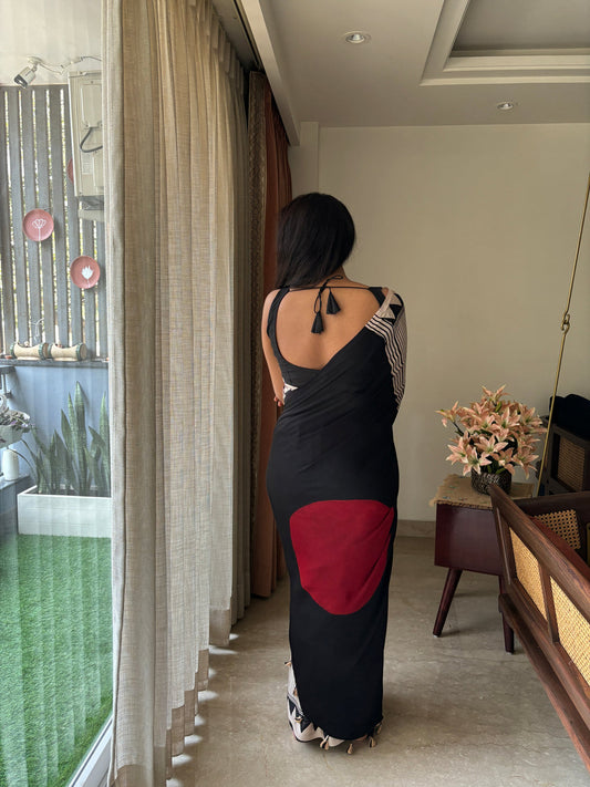 Red Bindi Black Reyon Ajrakh Saree