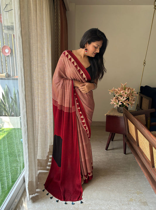 Black Bindi Red Reyon Ajrakh Saree