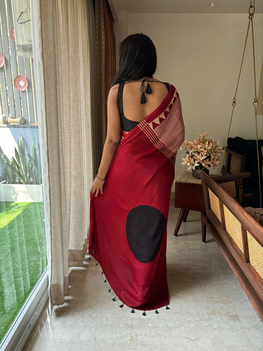 Black Bindi Red Reyon Ajrakh Saree