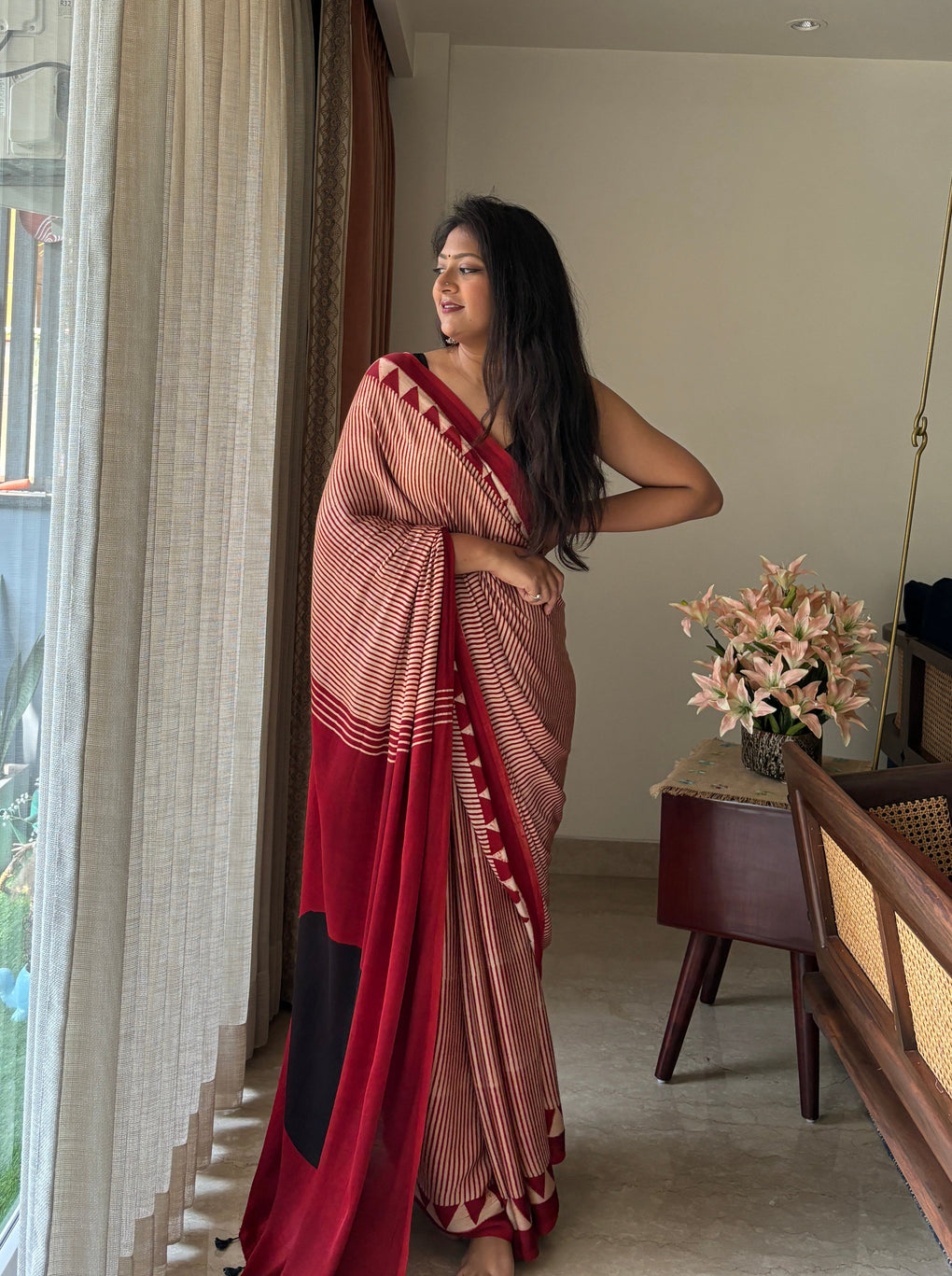 Black Bindi Red Reyon Ajrakh Saree