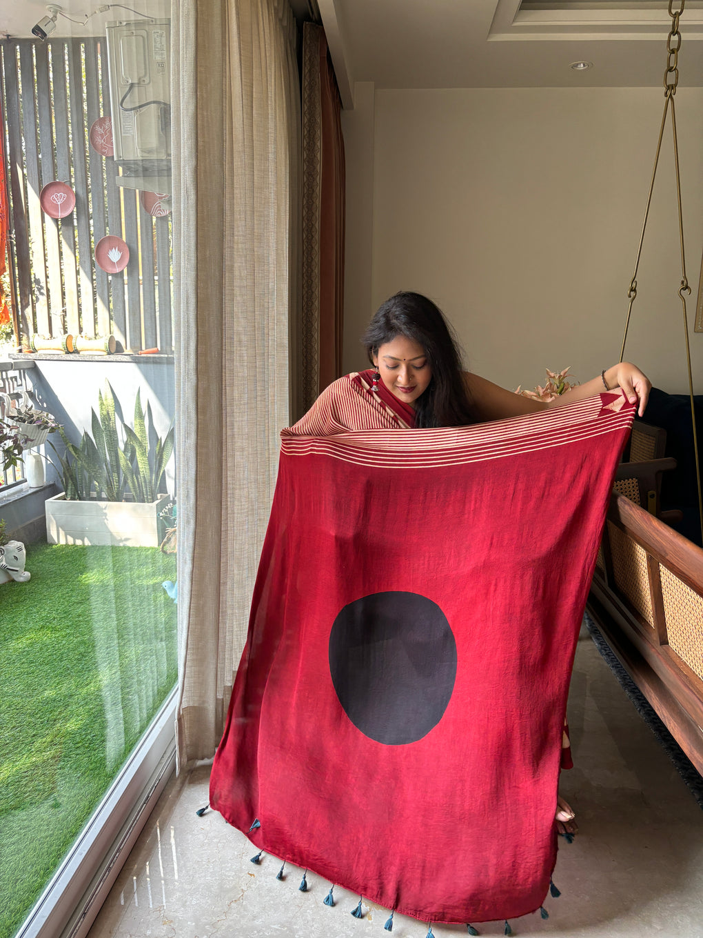 Black Bindi Red Reyon Ajrakh Saree