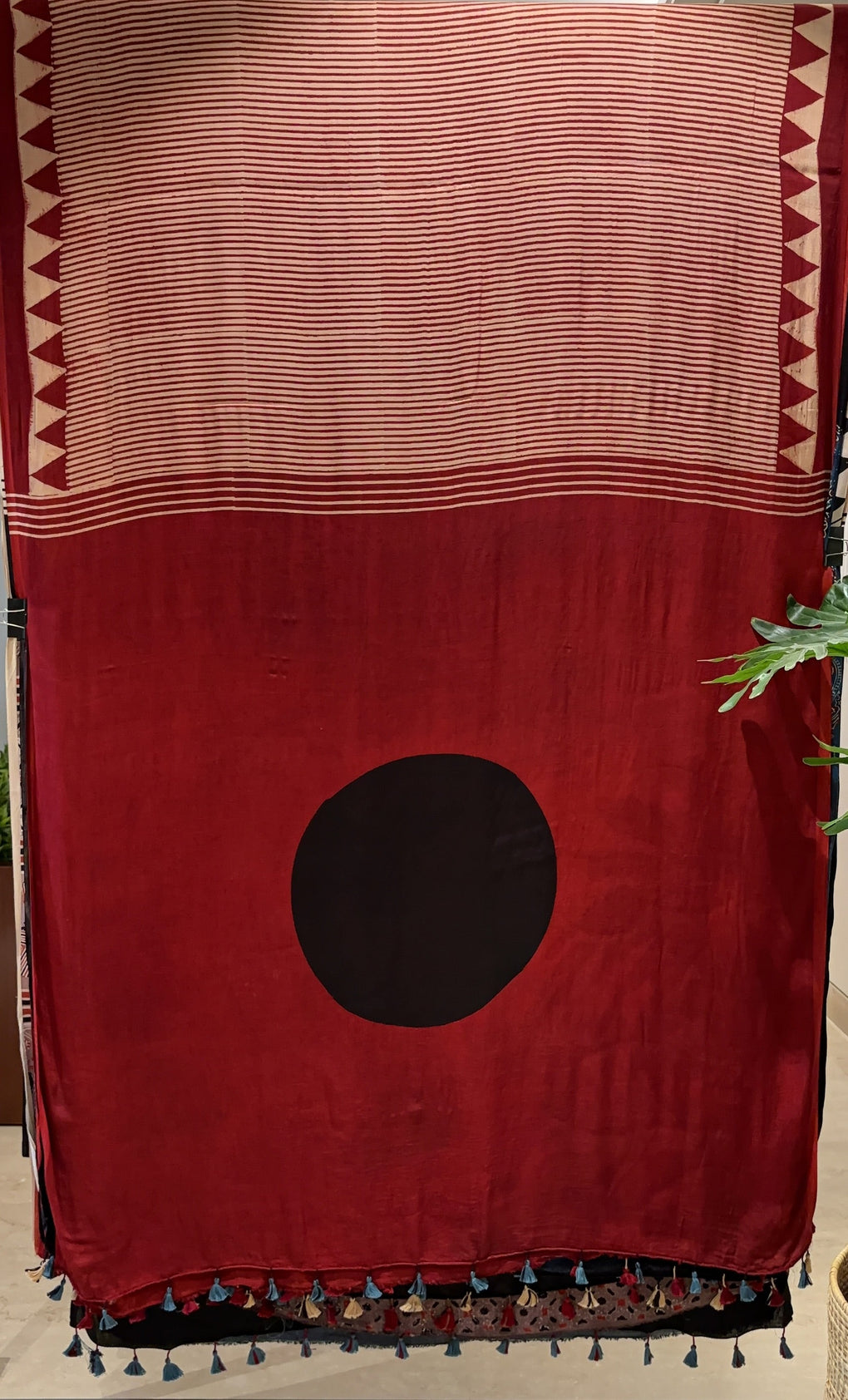 Black Bindi Red Reyon Ajrakh Saree