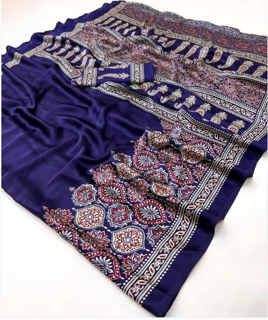 Crap Silk Ajrakh Printed Saree