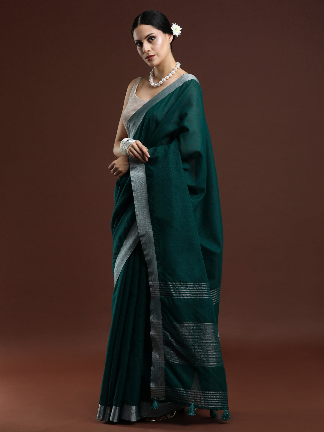 Dark Green Linen Saree