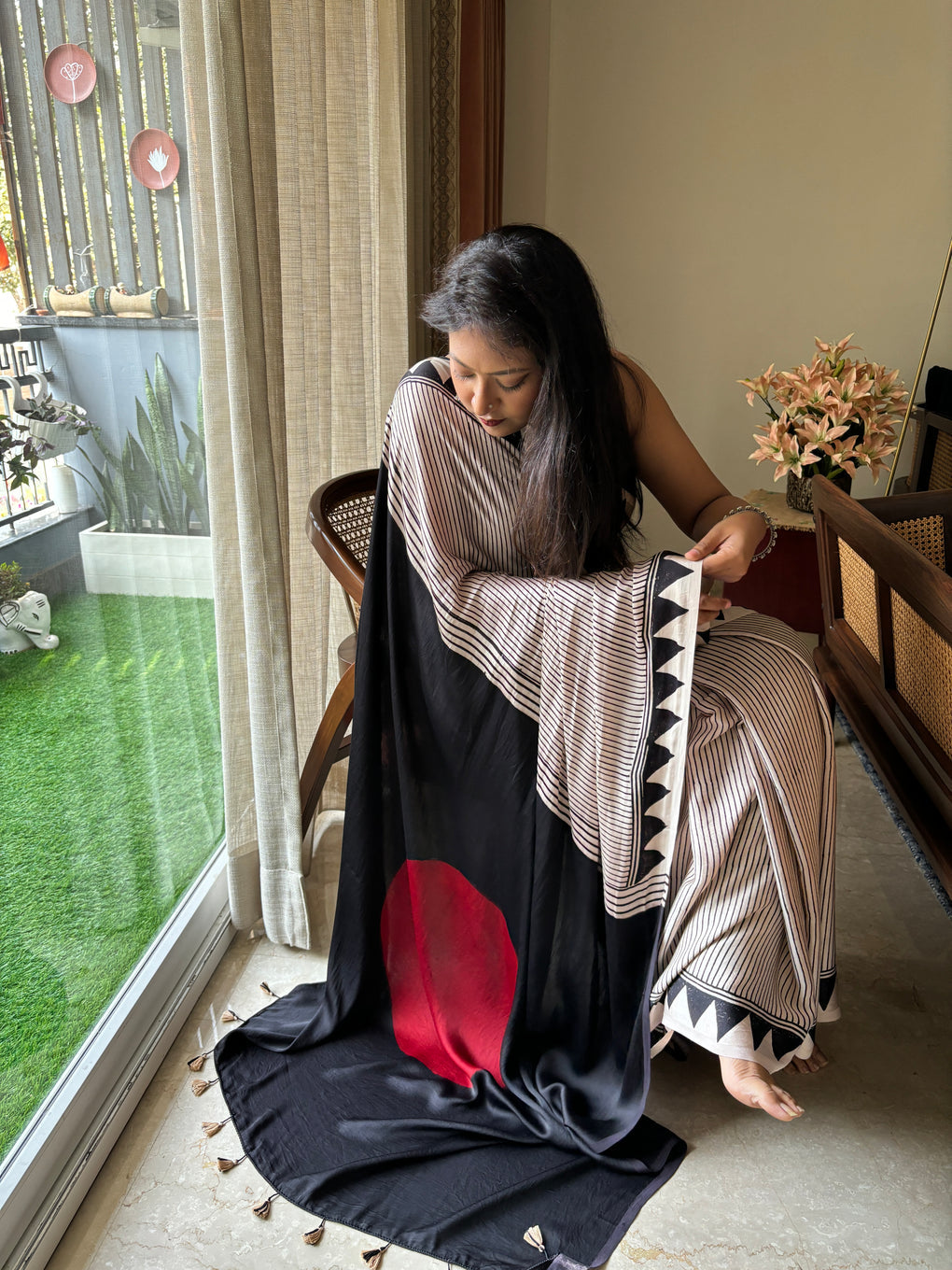 Red Bindi Black Reyon Ajrakh Saree