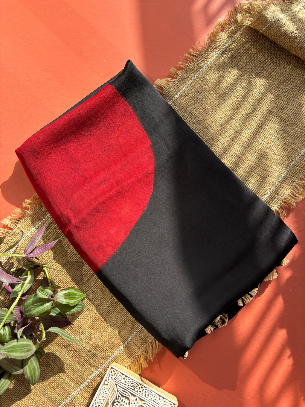 Red Bindi Black Reyon Ajrakh Saree