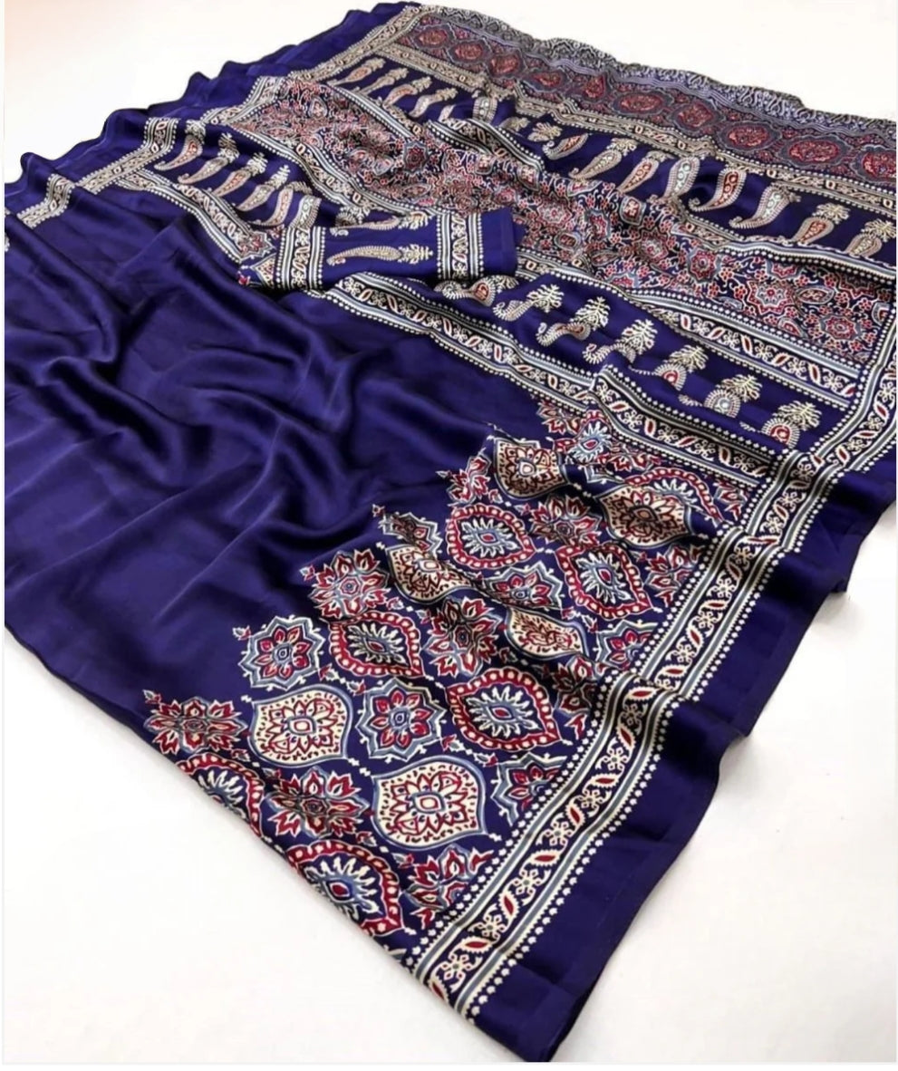 Crap Silk Ajrakh Printed Saree